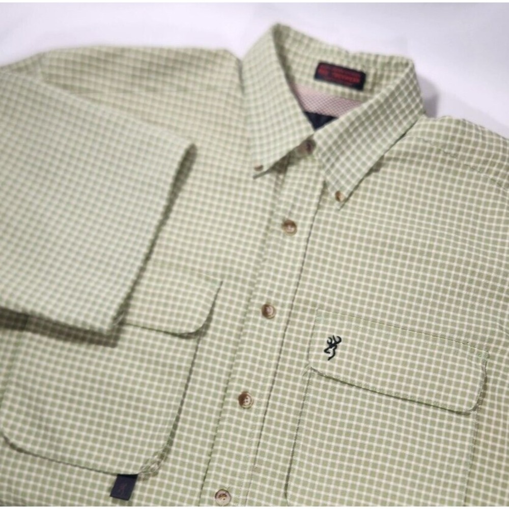 Browning RBO Trekwear Mens Medium Green Check Vented Fishing Shirt Short Sleeve